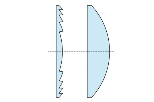 Différence d'épaisseur entre une lentille de Fresnel (à gauche) et une lentille classique (à droite)