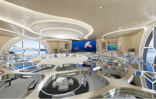 L'incroyable salon principal du superyacht Thor avec son plancher vitré © Gresham Yacht Design