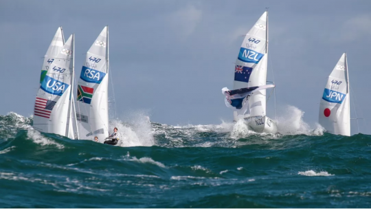 Five boats in the Mens 470 class, Mens 470 - Day 4, Ocean Course Rio Olympic Regatta