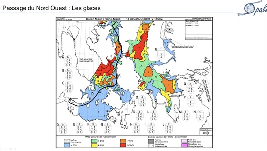 La carte de concentration des glaces (le trait noir représente le trajet d'Opale à l'été 2019)