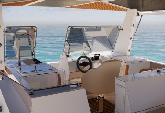 Le poste de pilotage à tribord et la cuisine à babord © Vincent Lebailly