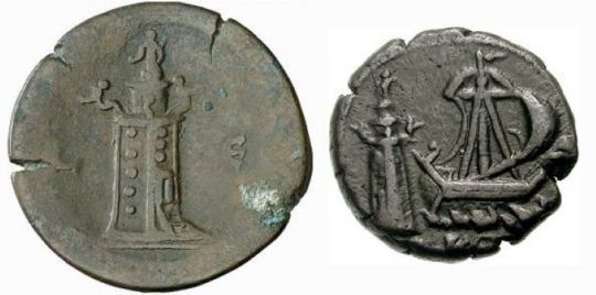 Le phare d'après deux monnaies émises à Alexandrie au IIe siècle © Ginolerhino, CC BY-SA 3.0