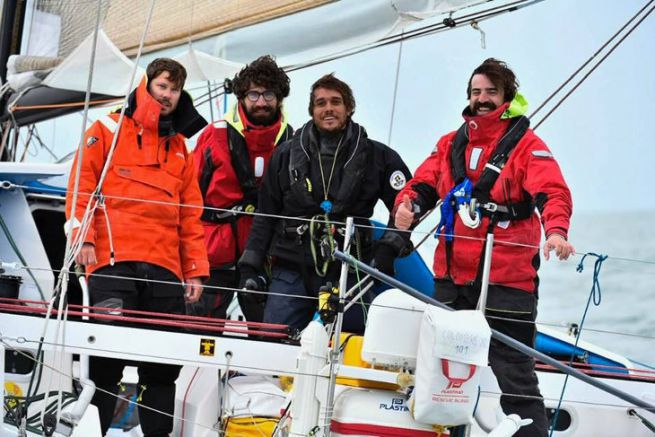 The crew of Colombre XL on arrival in La Rochelle