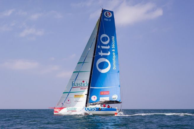 Yannick Bestaven's IMOCA in the colours of Bastide Otio for the Transat Jacques