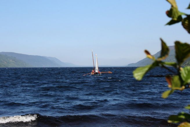 Elsie, rowing and sailing against the chop of the Loch Ness