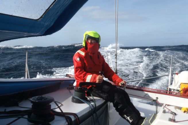 Tom Gayford at the helm of the Class40 Colombre XL during the Atlantic Challenge