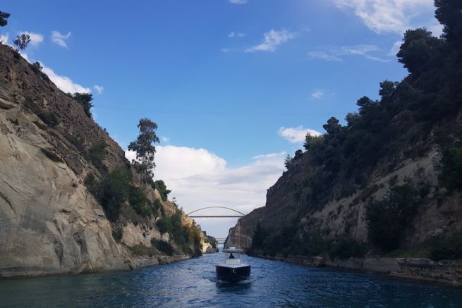 The Corinth Canal, a 6 km stretch of sea enclosed by limestone rocks