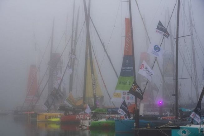 The boats at the start of the 2020 Vende Globe in the fog