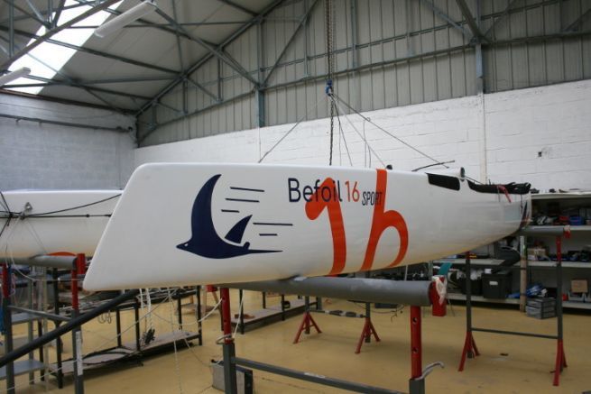 The Befoil 16 Sport catamaran being assembled in the Lorient workshop