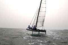 Flight during the test of the Befoil 16 Sport catamaran
