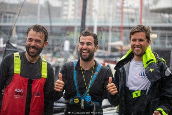The winning trio in Proto of the first stage of the Mini Transat