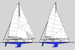 The cutter on the left against the sloop on the right